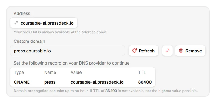 Connecting custom domain to press kit on Pressdeck