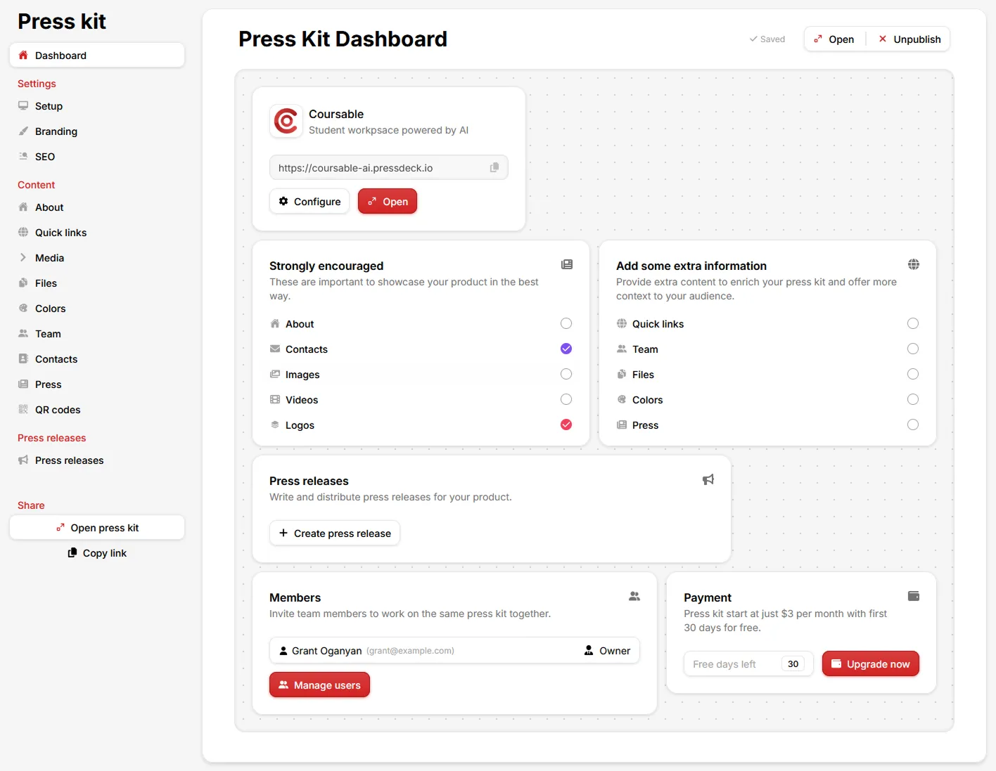 Press kit's dashboard on Pressdeck