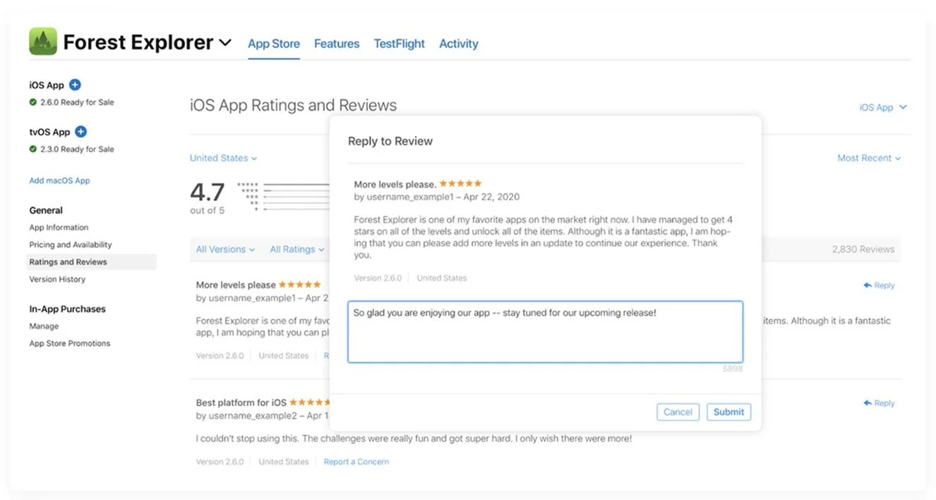 iOS app reply to reviews