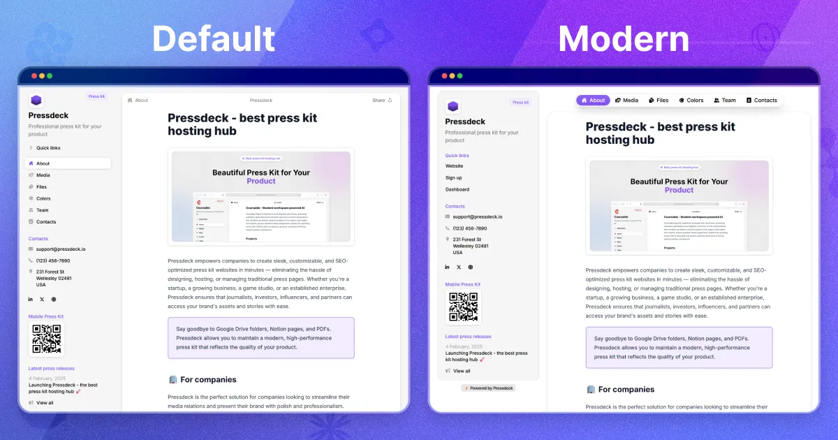 Pressdeck Default vs Modern design comparison